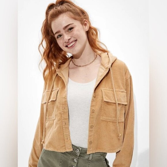 American Eagle AE Hooded Cropped Corduroy Button-Up Shirt Shacket Tan new NWT S - Picture 2 of 15